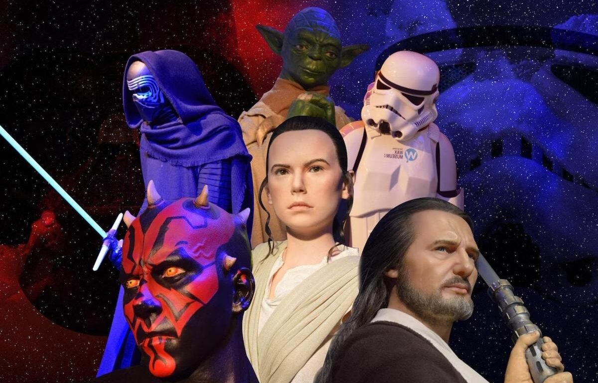 A collage of Star Wars characters including Rey, Kylo Ren, Yoda, Darth Maul, Qui-Gon Jinn, and a Stormtrooper against a starry space background&mdash;perfect for fans seeking the Best Things to do in Dublin.