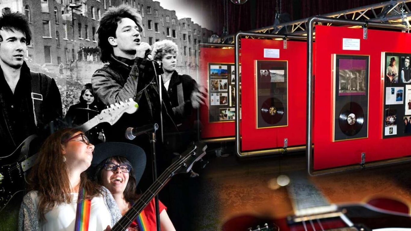 A collage showing a black-and-white photo of a rock band performing and a colour photo of a music exhibit with framed records, photos, and memorabilia on red panels&mdash;one of the Best Things to do in Dublin for music lovers.