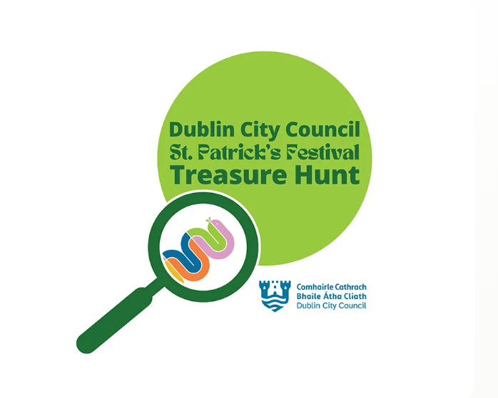 Logo for Dublin City Council St. Patrick&rsquo;s Festival Treasure Hunt, featuring a magnifying glass and council emblem&mdash;perfect inspiration if you&rsquo;re seeking fun things to do in Dublin during the festivities.